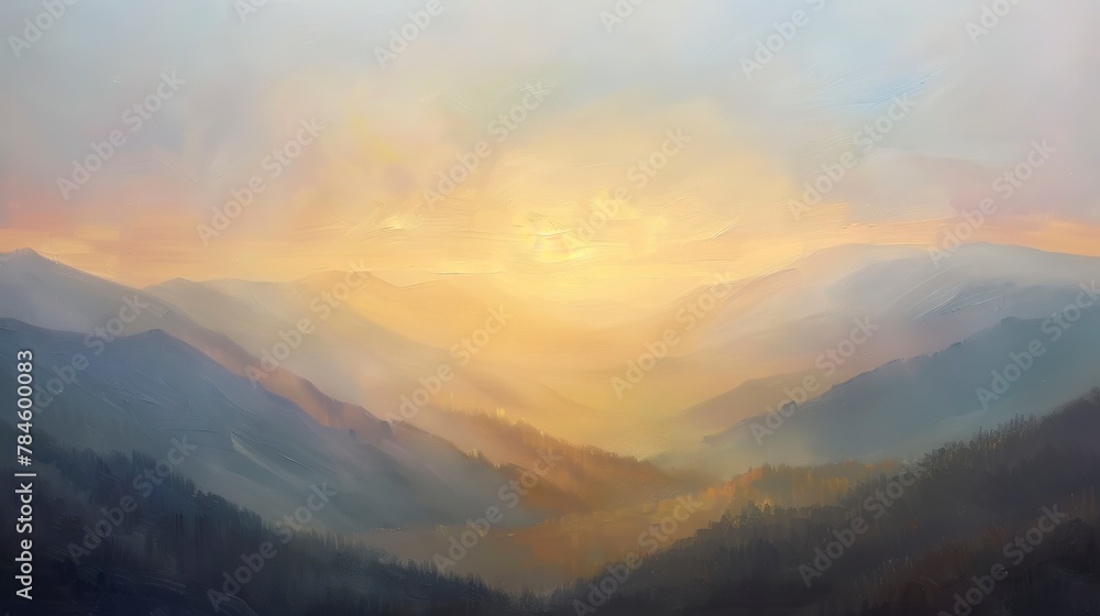 Oil paint, sunrise over mountains, soft pastels, early morning, wide angle, serene glow.