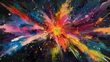 Oil painting Abstract, cosmic explosion, oil painting, bright neons against black, night, wide view, starburst effect.