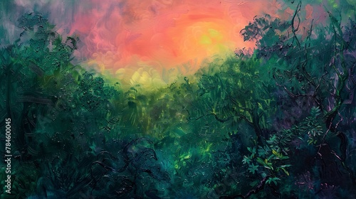 Oil paint, fluorescent fauna, glowing greens and pinks, twilight, panoramic, luminescent texture. 