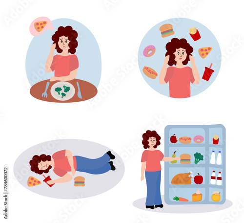 Eating disorder. Sad woman worries about being overweight. Overeating, bulimia, anorexia. Food addiction concept. Rejection of yourself. Set of cartoon flat vector illustrations.