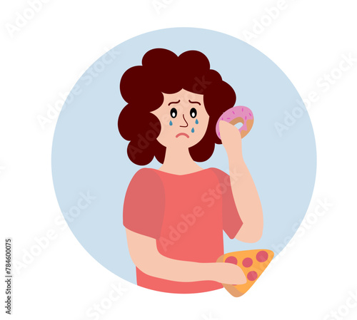 Eating disorder. Sad woman worried about being overweight. Overeating, bulimia, anorexia. Food addiction concept. Girl eat unhealthy food and cry. Cartoon flat vector illustration.