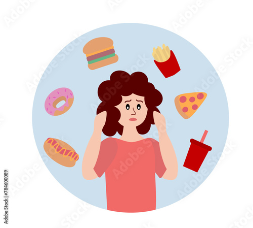 Eating disorder. Sad woman worries about being overweight. Overeating, bulimia, anorexia. Food addiction concept. Rejection of yourself. Cartoon flat vector illustration.