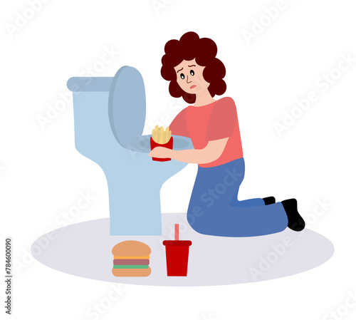 Eating disorder. Sad woman worries about being overweight. Overeating, bulimia, anorexia. Food addiction concept. Rejection of yourself. Cartoon flat vector illustration.