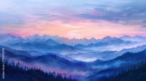 Oil paint, sunrise over mountains, soft pastels, early morning, wide angle, serene glow.  © Thanthara