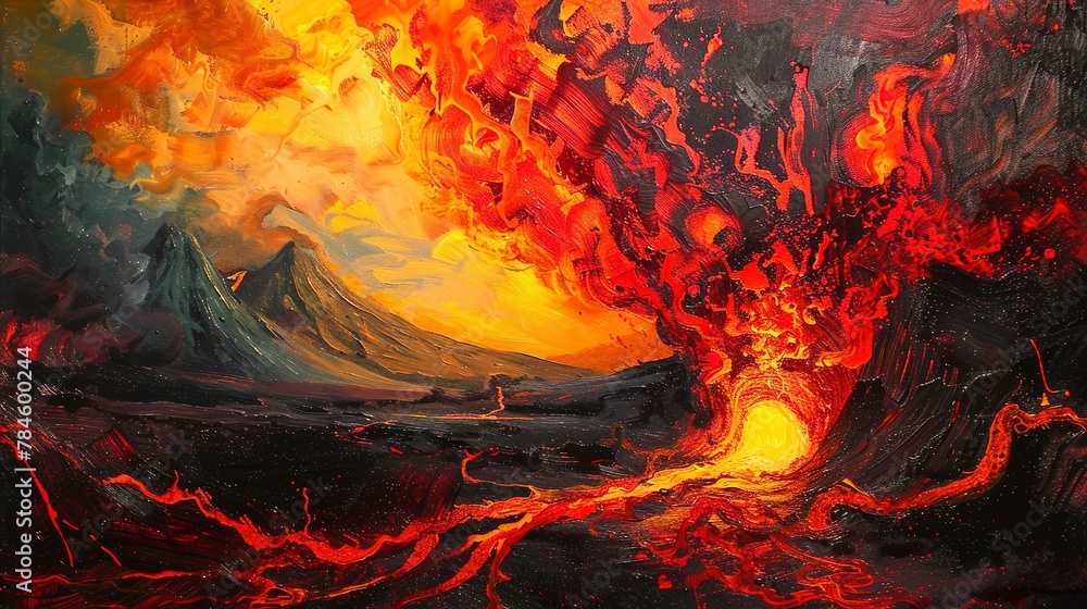 Oil painting Abstract, volcanic eruption, fiery reds and blacks, dusk, wide angle, molten lava flow. 