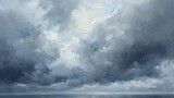 Oil painting, stormy skies, dramatic grays and blues, overcast, panoramic, dynamic cloud patterns. --ar 16:9 Job ID: 8db94b58-bdf1-4cad-9bc3-3933b2d8ddff