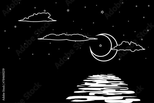Night Seascape in Perspective. Black and White Clouds and Moon Isolated on Starry Night Background. Futuristic Glowing Banner of Illuminated Waves. Raster. 3D Illustration
