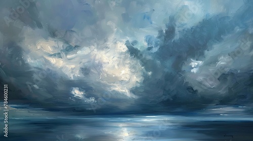 Oil painting  stormy skies  dramatic grays and blues  overcast  panoramic  dynamic cloud patterns.