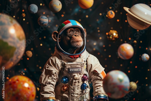 A monkey wearing a space suit floating in space among various planets