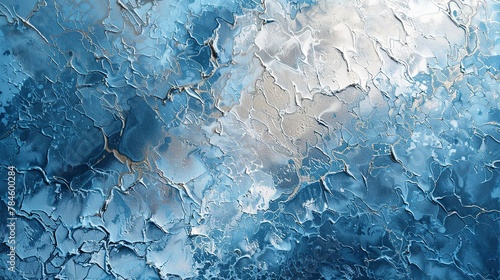 Oil paint, frozen lake, icy blues and whites, dawn, aerial perspective, crackled ice texture. 