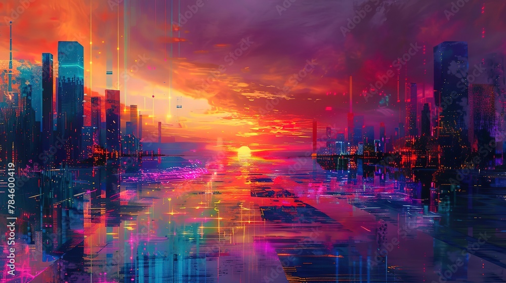 Oil painting Abstract, neon grid landscape, cyber hues, dusk, wide angle, digital horizon. 