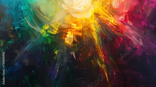 Oil painting, holographic interface, spectral colors, morning light, close-up, ethereal glow.