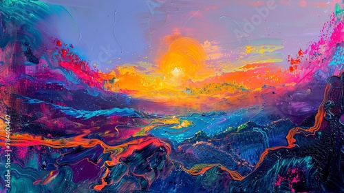 Abstract oil painting, virtual reality dreamscape, neon palette, golden hour, panoramic, surreal layers. 