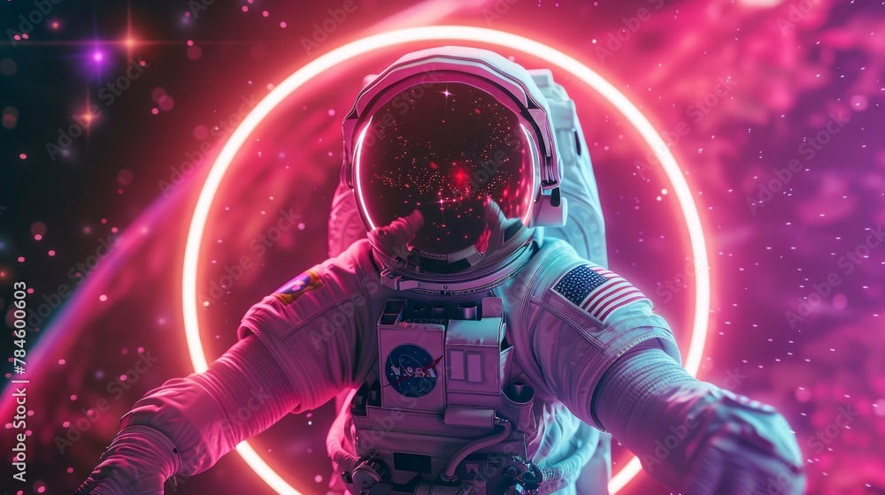 astronaut with a neon circle in space. concept wallpaper astronaut with a neon circle in space. concept wallpaper