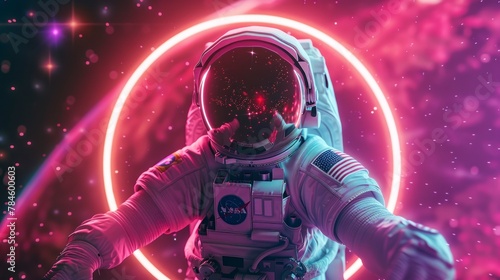 astronaut with a neon circle in space. concept wallpaper
