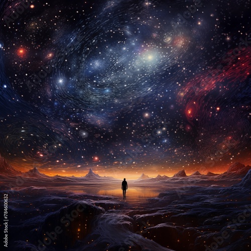 A solitary figure standing before an awe-inspiring cosmic display in a snowy mountain landscape