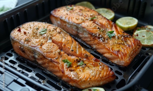 Captivating image of a succulent salmon steak expertly cooked in an air fryer basket, perfect for culinary blogs, seafood enthusiasts, and healthy cooking inspirations