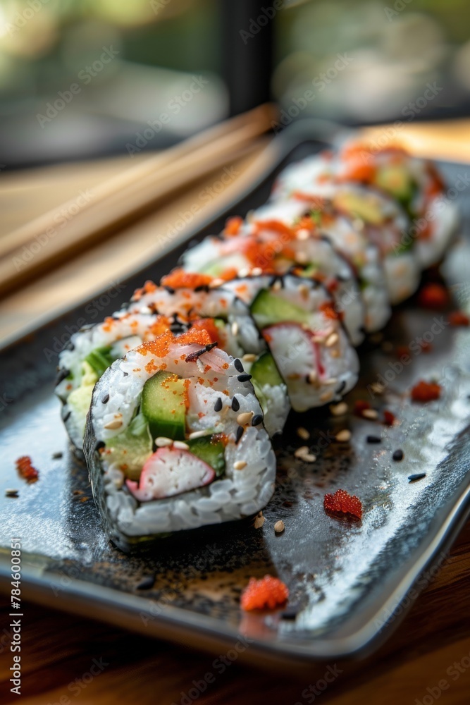 california roll with rice on the outside, avocado, cucumber, crab sticks on a plate california roll with rice on the outside, avocado, cucumber, crab sticks on a plate