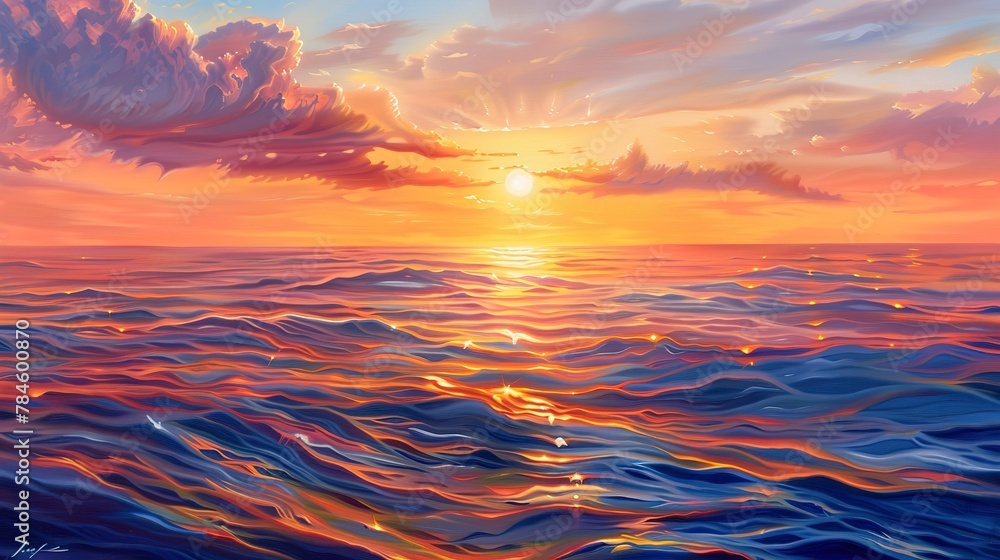 Fototapeta premium Oil painting, ocean sunset, warm and cool contrasts, evening, panoramic, reflective water surface. 
