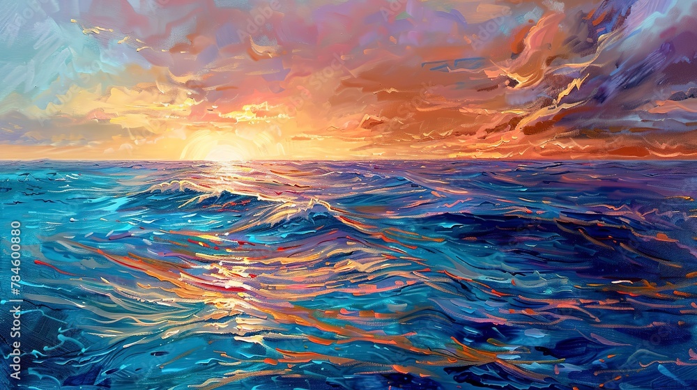 Oil painting, ocean sunset, warm and cool contrasts, evening, panoramic, reflective water surface. 