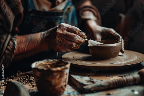 Old woman ceramist in the workshop makes mug out of clay. Closeup of senior female potter hands. Art and small business. Creation of ceramic products. Person at work creating handmade cup in studio