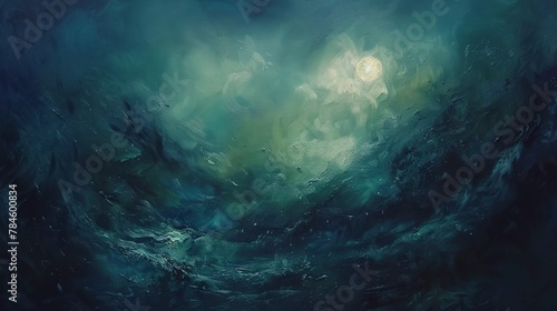 Oil paint, deep sea mystery, dark blues and greens, twilight, wide angle, abyssal shadows.  © Thanthara
