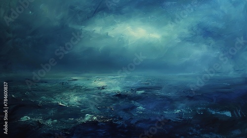 Oil paint  deep sea mystery  dark blues and greens  twilight  wide angle  abyssal shadows. 