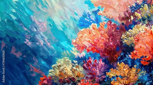 Oil painting, coral reef colors, vibrant underwater palette, daylight, close-up, textured corals.  © Thanthara