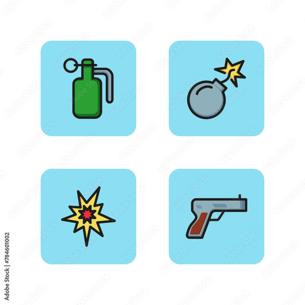 Naklejka premium Danger line icon set. Pistol, grenade, bomb and explosion. Icons of armed attack. Can be used for signboards, web design, pictogram