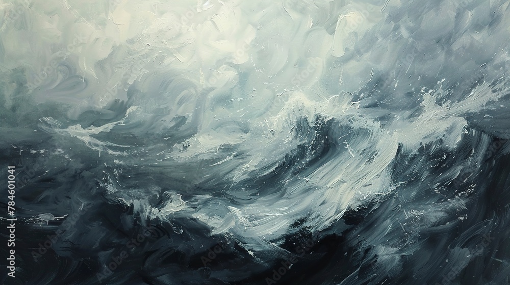 Oil paint, stormy sea, tumultuous grays and whites, overcast, macro, swirling tempest. 