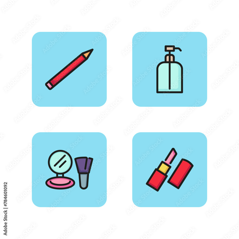 Decorative cosmetics line icon set. Lip pencil, red lipstick, compact powder and micellar water. Makeup concept. Can be used for topics like cosmetics store makeup artist Decorative cosmetics line icon set. Lip pencil, red lipstick, compact powder and micellar water. Makeup concept. Can be used for topics like cosmetics store makeup artist