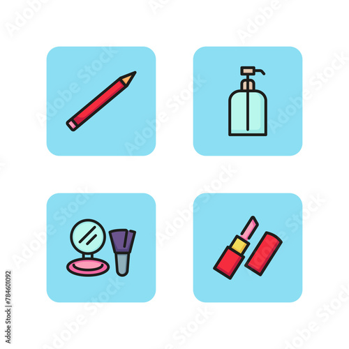 Decorative cosmetics line icon set. Lip pencil, red lipstick, compact powder and micellar water. Makeup concept. Can be used for topics like cosmetics store makeup artist