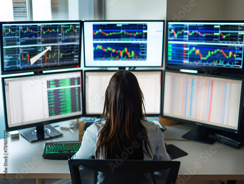 Back view of a woman watching stock prices on multiple monitors