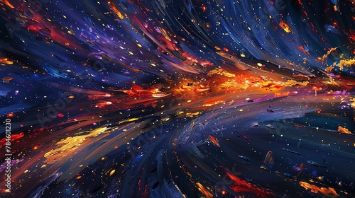 Abstract Oil painting, meteor shower, dynamic streaks, midnight, panoramic view, shooting stars effect. 