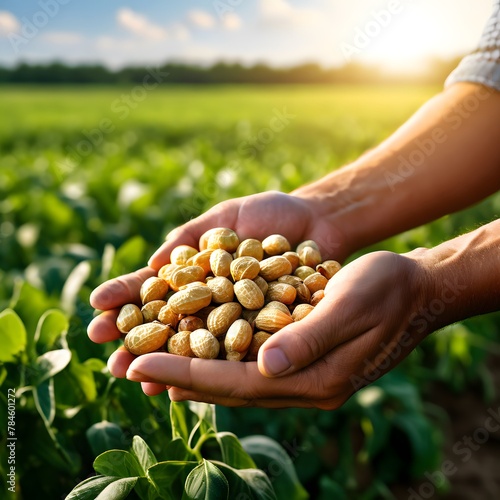 farmer hands holding peanuts, harvest fresh green field background, close up with copy space photo