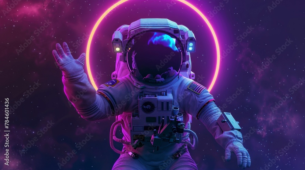 Fototapeta premium astronaut with neon circle background in space