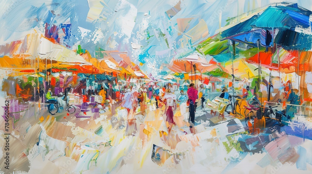 Naklejka premium Abstract oil, bustling market, colorful chaos, midday, panoramic view, lively strokes. 