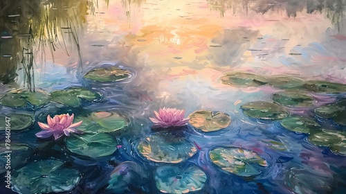 Oil paint, Monet's water lilies, soft pastels, dawn light, wide angle, gentle water ripples.