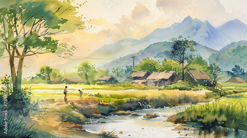 Watercolor of rural landscape.