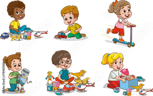 Set collection of vector cute baby kids characters playing with toys doing activities in different poses. Children jump  move  have fun in a good mood  play  hang out with different emotions.