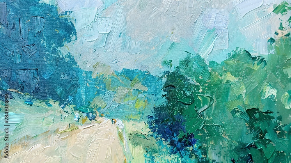 Abstract Oil painting, Pissarro's country roads, tranquil greens and blues, morning, close focus, peaceful journey. 
