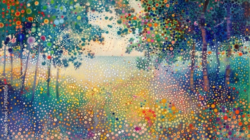 Abstract Oil painting, Seurat's pointillism park, multicolored dots, afternoon, panoramic view, optical blend.