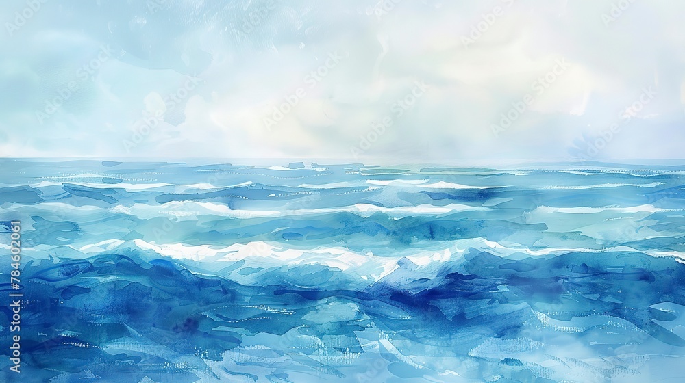 Abstract Oil painting, watercolor ocean, serene blues, midday, panoramic view, soft wave patterns. 