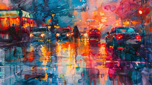 Abstract Oil painting, watercolor urban scene, vibrant street life, twilight, wide lens, wet-on-wet technique. 