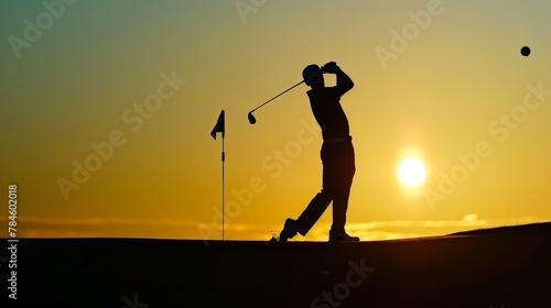 A golfer silhouetted against the setting sun, taking a final shot of the day, the golf ball soaring towards the green. © Sasint