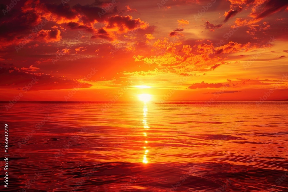 Sunset Water. Red Sky Over Tranquil Ocean Landscape