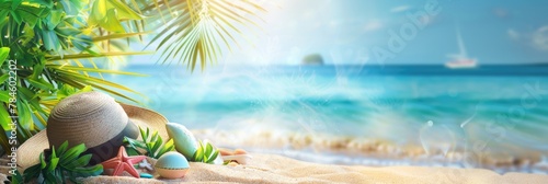 Banner Holiday: Exotic Concept with Sunbathing Accessories on Tropical Beach