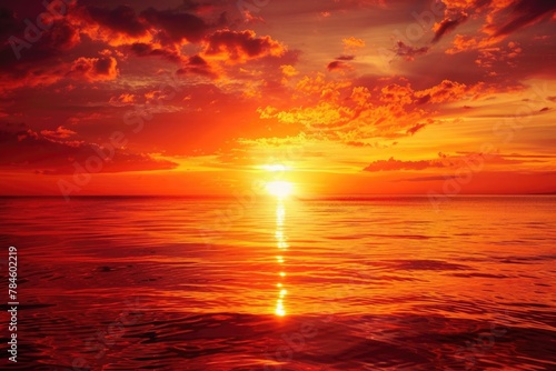 Sunset Water. Red Sky Over Tranquil Ocean Landscape