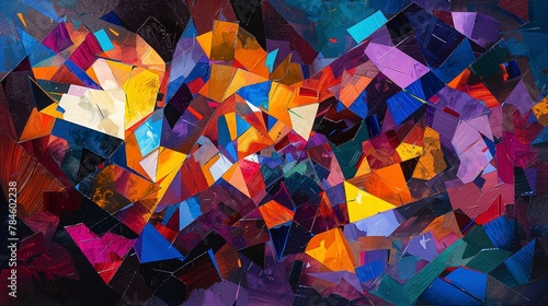 Oil painting, angular shards, bold colors, night light, panoramic, fragmented texture. 