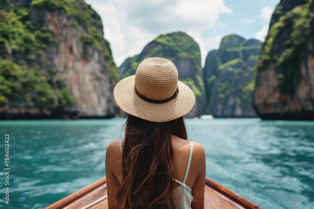 Travel Woman. Relaxing back view of woman in hat on boat in Asia